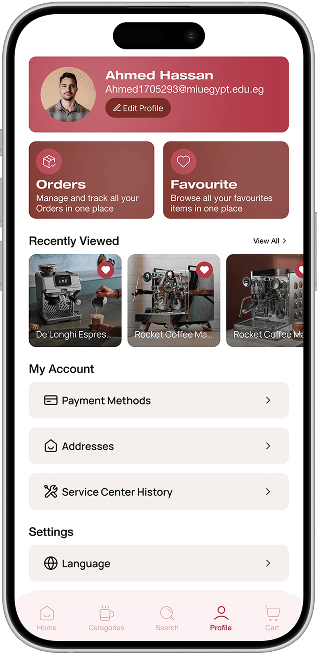 Barysto app profile screen with account, orders, favourites, and navigation.