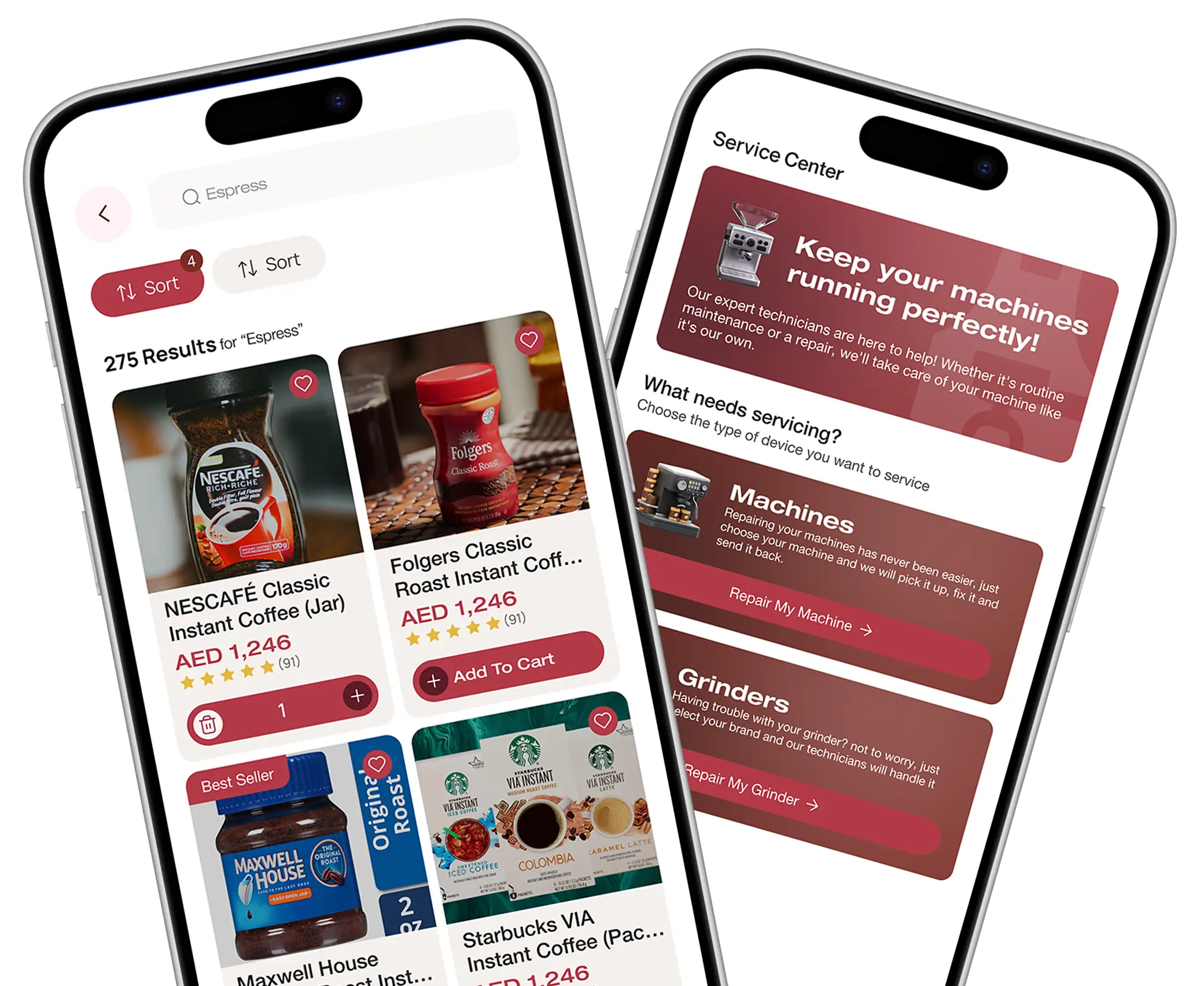 Barysto app on two phones showing marketplace and service center screens